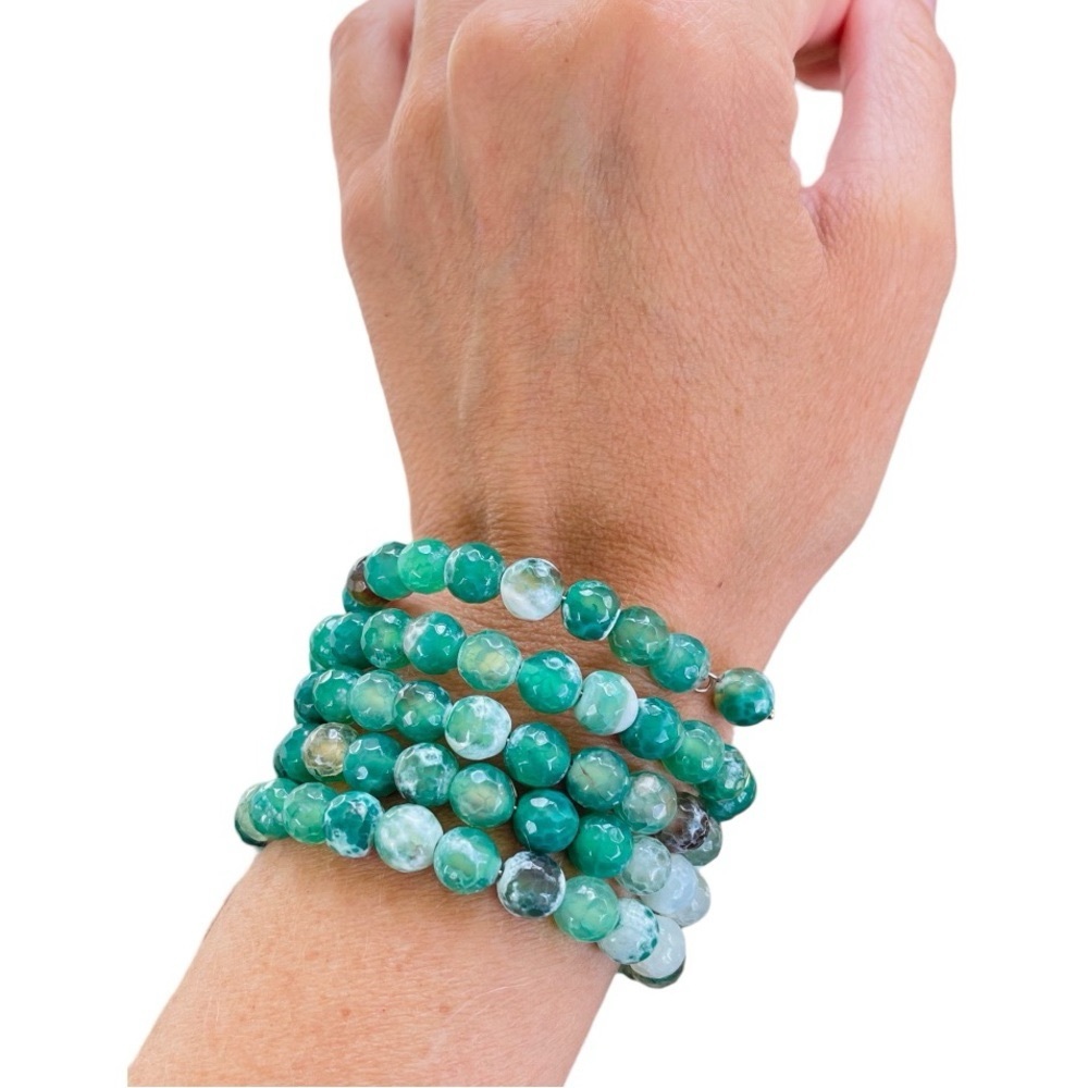 Green Dragon Vein Agate Beaded Memory Wire Coil Wrap Bracelet
